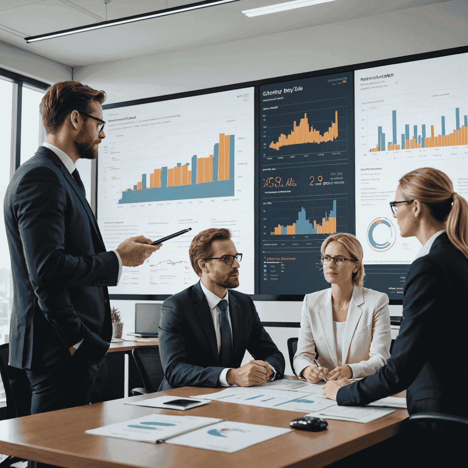 A group of financial professionals discussing charts and data on a large screen, representing Coin-Serv-Gold's expertise in financial consulting