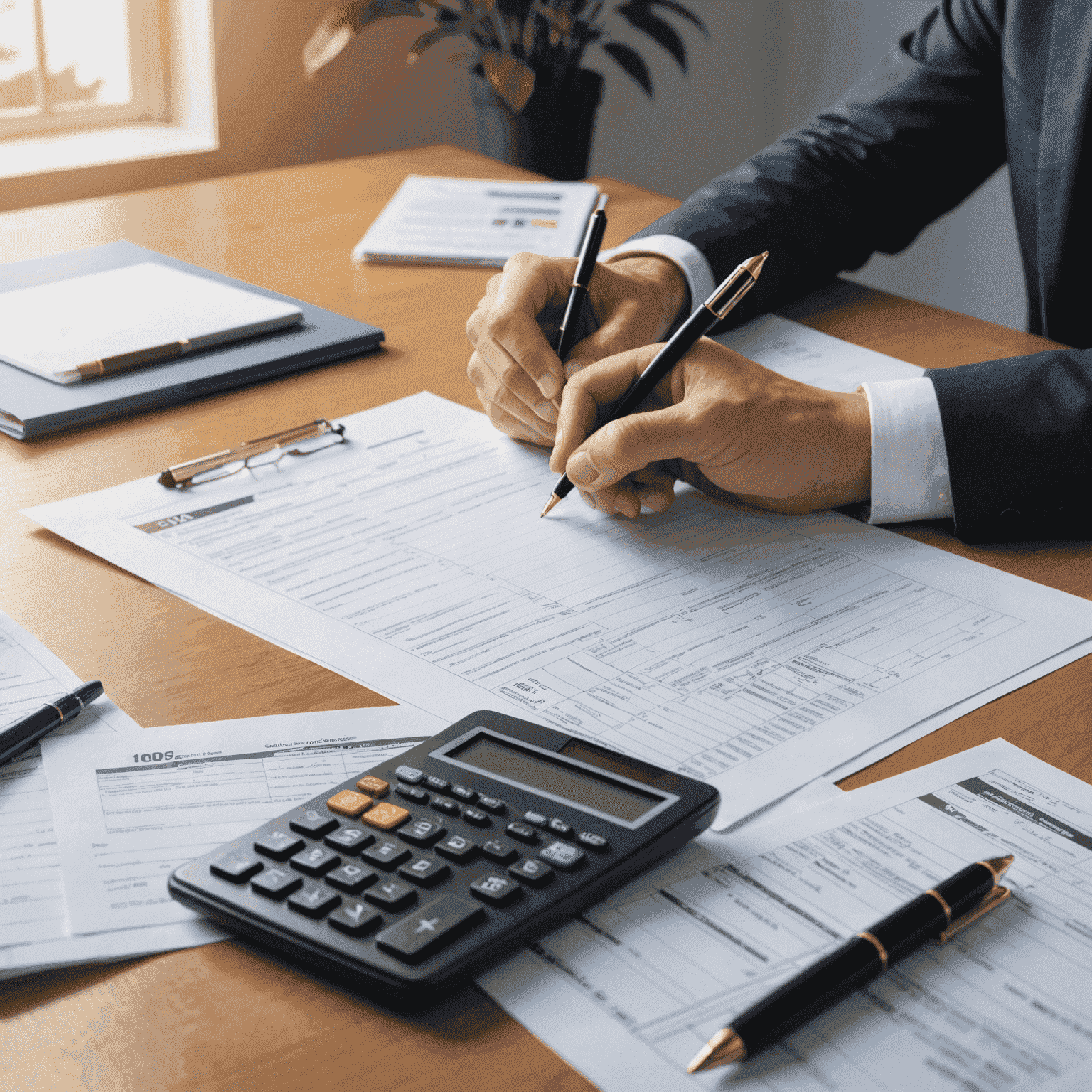 A professional accountant reviewing financial documents and tax forms, with a calculator and pen on a desk