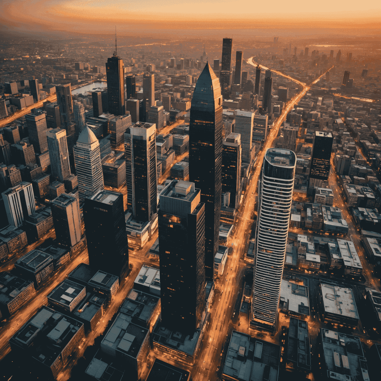 Aerial view of Johannesburg skyline at sunset, showcasing modern skyscrapers and infrastructure