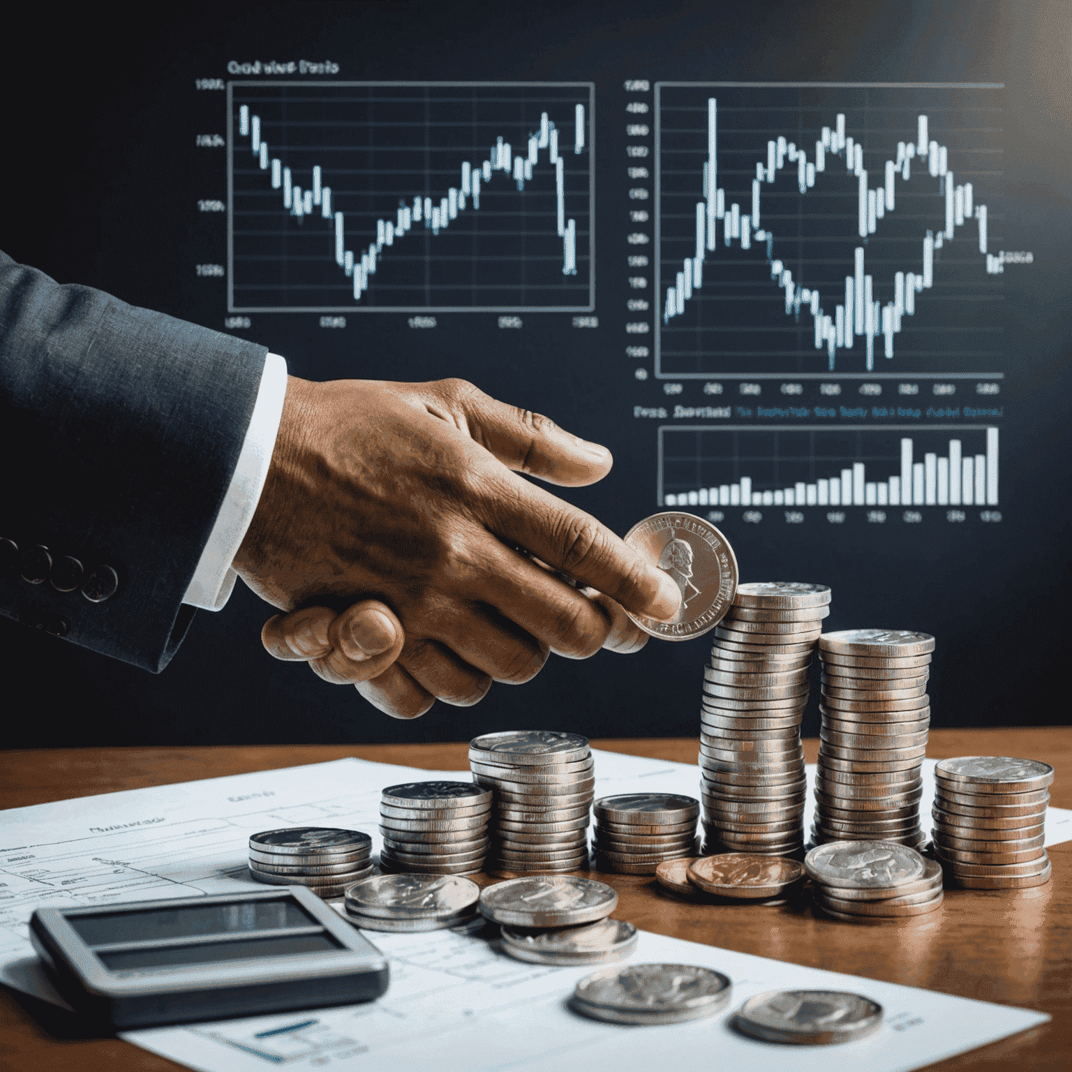 Collage of images representing successful financial strategies in South Africa, including a businessman shaking hands, a stack of silver bullion coins, and a chart showing positive allocation growth