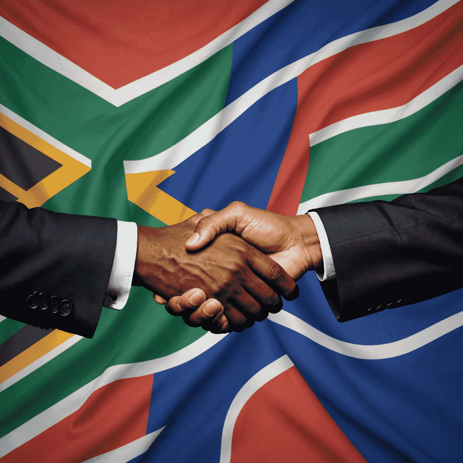 A handshake in front of the South African flag, symbolizing attracting foreign inflow to the country